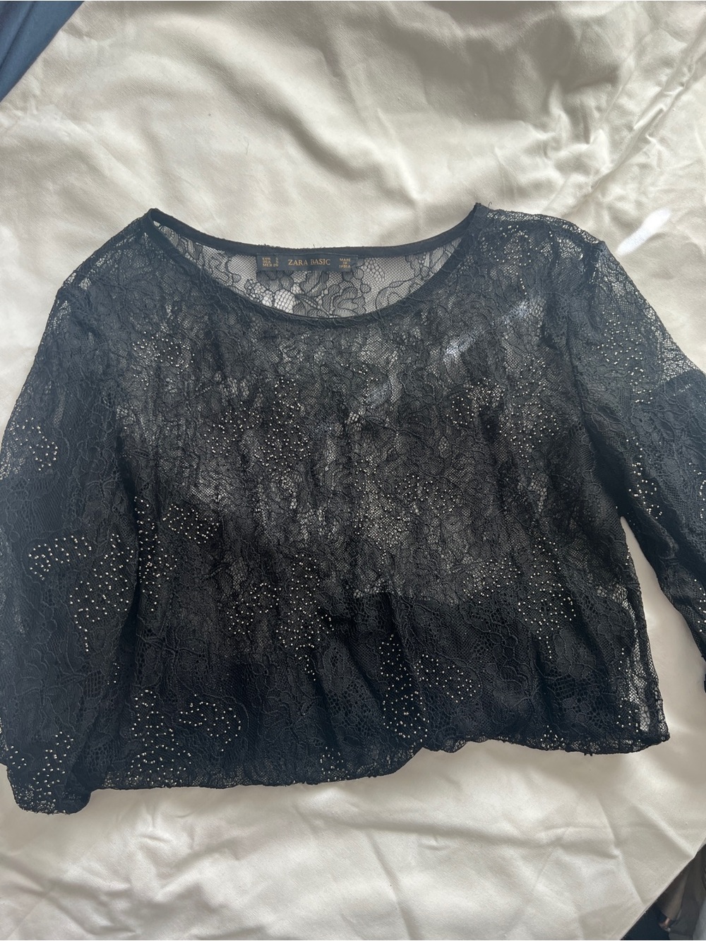 Zara Black Sheer Lace Cropped Blouse with Rhinestone Detail